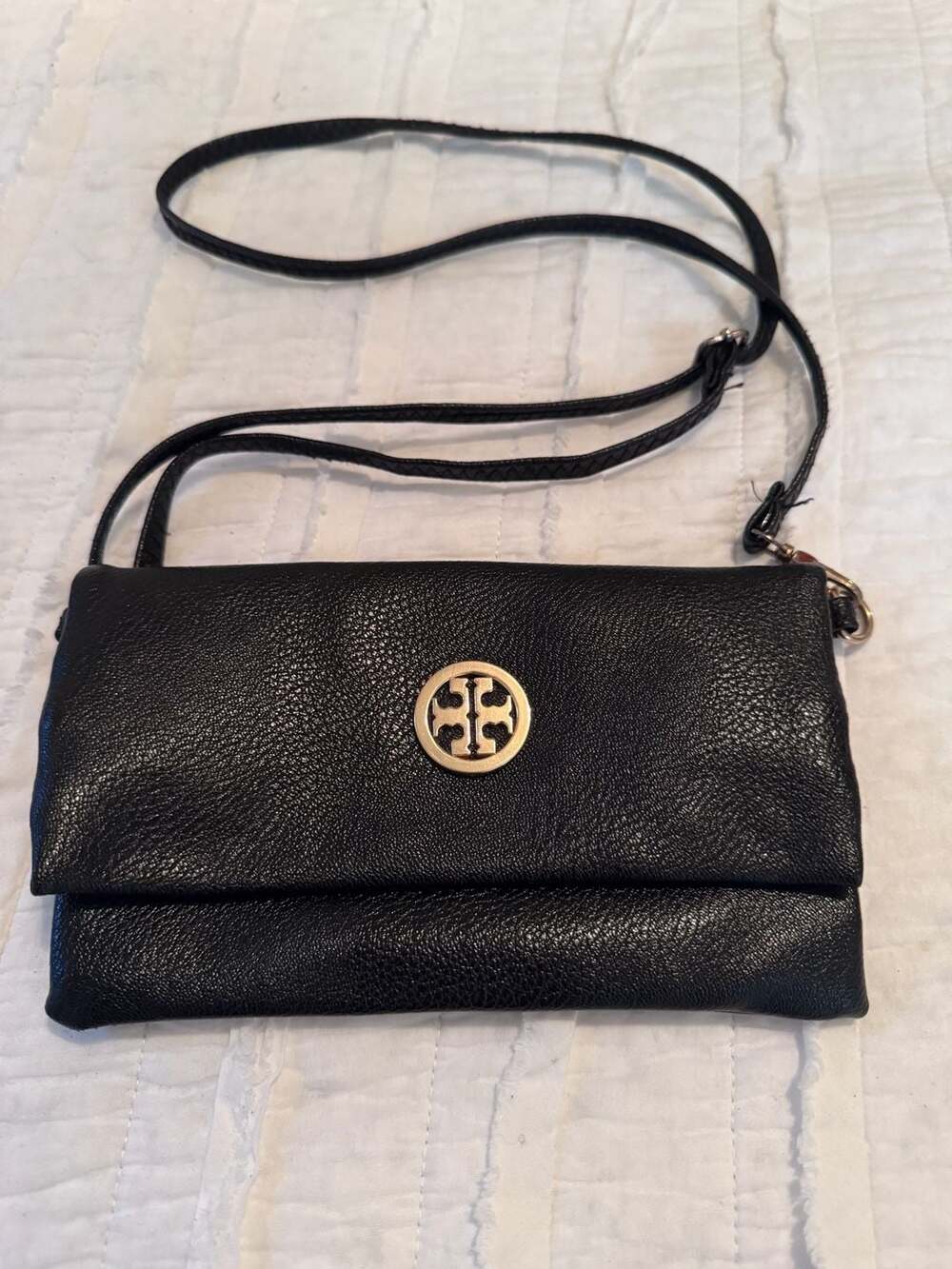Tory Burch Dena Black Pebbled Leather Fold-Over Crossbody Clutch